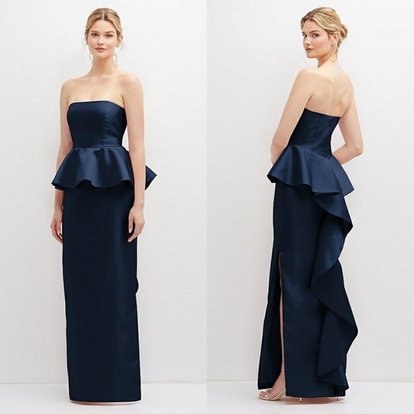 NEW ALFRED SUNG Midnight BLUE Strapless RUFFLE Peplum SATIN Column GOWN 12 - Picture 2 of 16